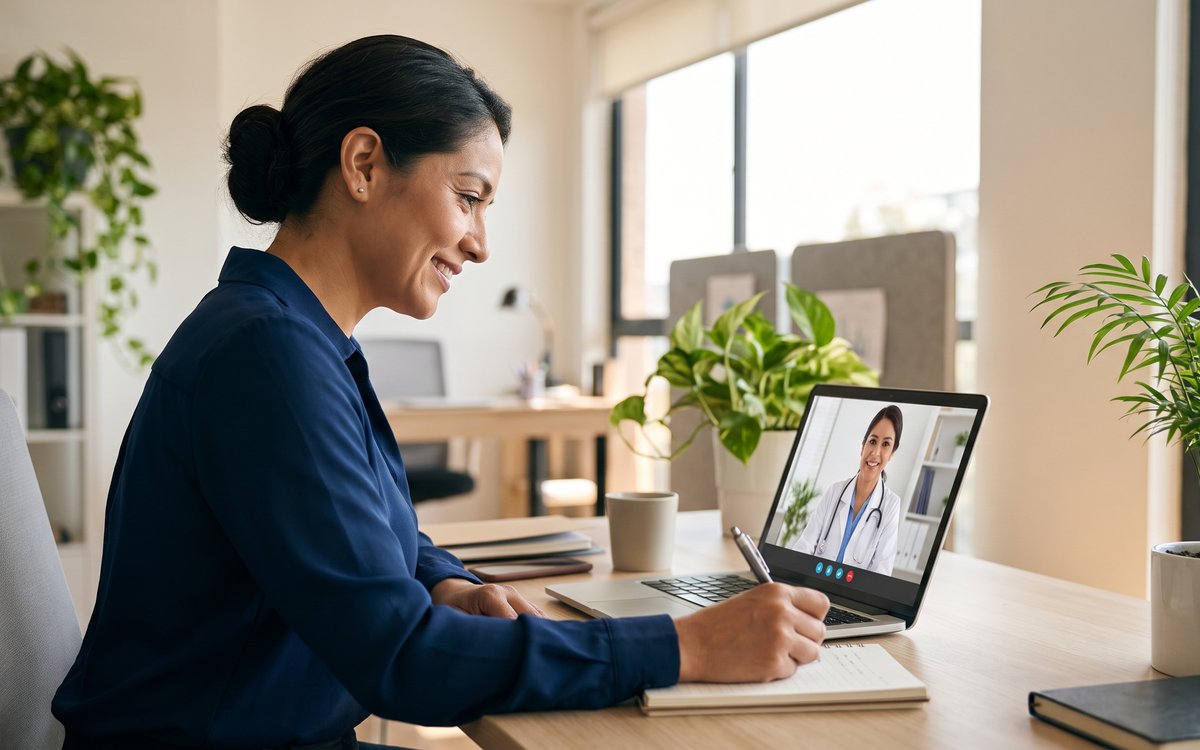 Gerente de RRHH latina en escritorio consultando a médico por videollamada para programa de bienestar laboral