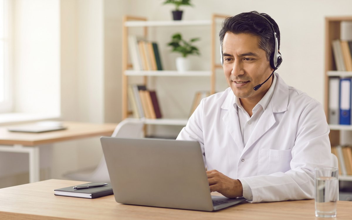 Médico con bata blanca y audífonos con micrófono atendiendo una videoconsulta frente a su laptop
