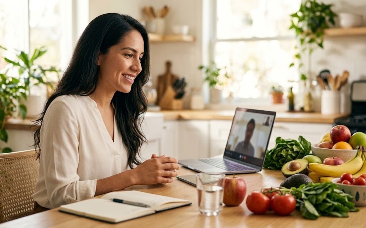 Nutrióloga sonriente en una cocina luminosa con frutas y verduras frescas, atendiendo una videoconsulta