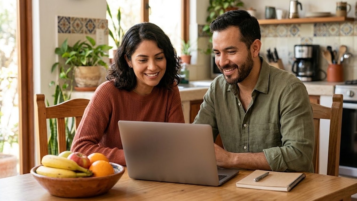 Pareja en la mesa de su cocina frente a una laptop en una videoconsulta con una nutrióloga