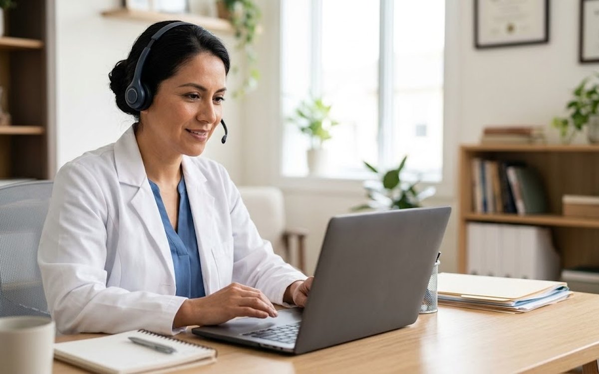 Médica con audífonos atendiendo una videoconsulta frente a su laptop en un escritorio luminoso
