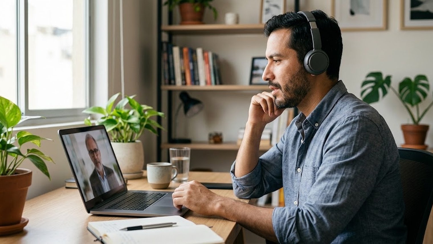 Hombre con audífonos en su escritorio de home office en una sesión de terapia por videollamada
